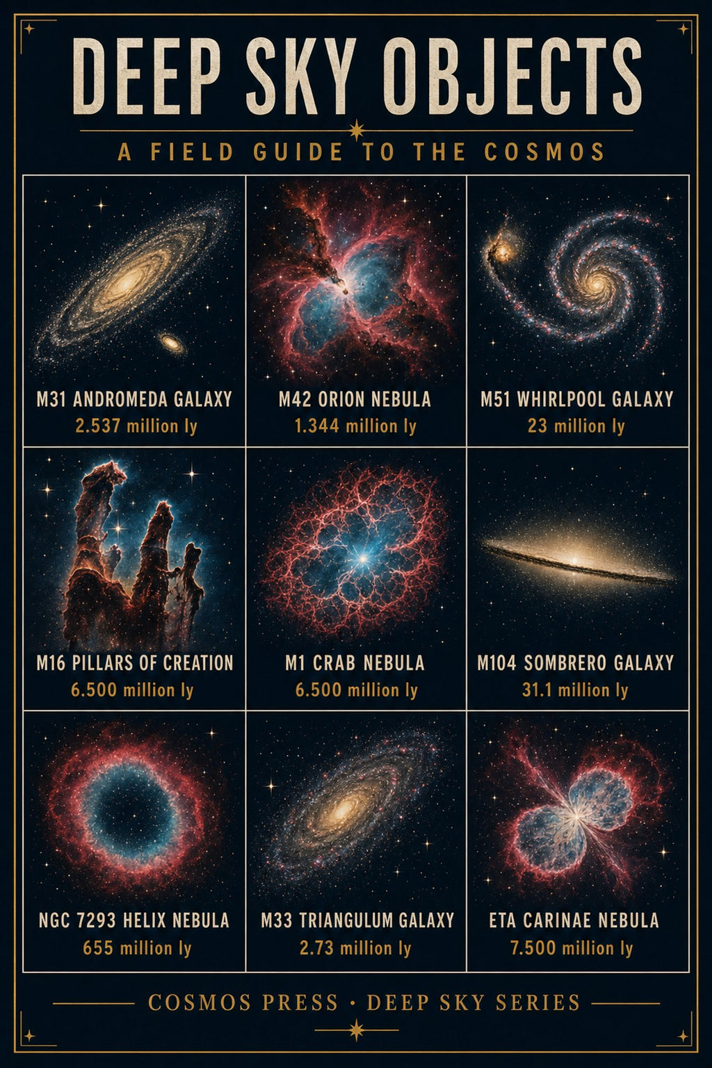 Close-up of deep sky objects poster grid — labeled panels for M31, M42, M51, M16, M1, M104, NGC 7293, M33, and Eta Carinae, each with catalog number and distance in light-years
