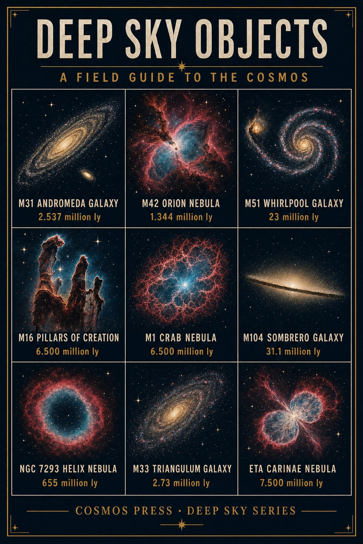 Close-up of deep sky objects poster grid — labeled panels for M31, M42, M51, M16, M1, M104, NGC 7293, M33, and Eta Carinae, each with catalog number and distance in light-years