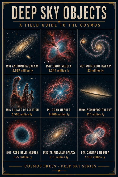 Close-up of deep sky objects poster grid — labeled panels for M31, M42, M51, M16, M1, M104, NGC 7293, M33, and Eta Carinae, each with catalog number and distance in light-years