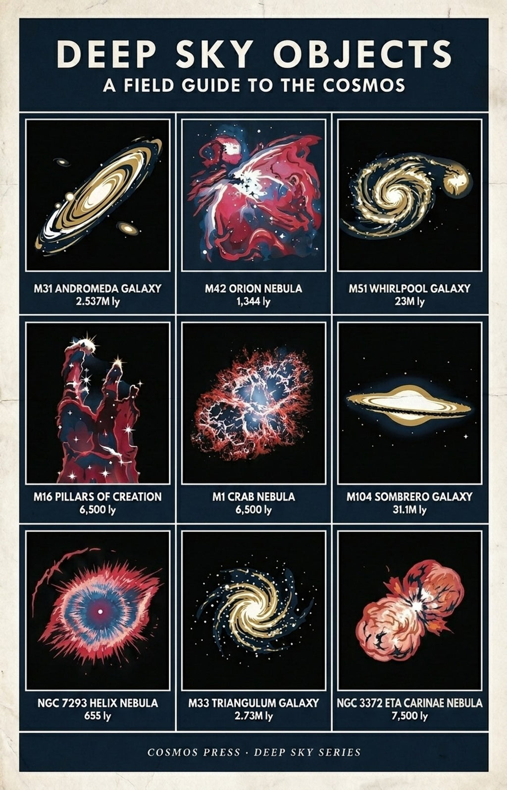 Close-up of deep sky objects poster grid — labeled panels for M31, M42, M51, M16, M1, M104, NGC 7293, M33, and Eta Carinae, each with catalog number and distance in light-years