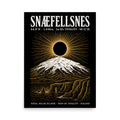 Snæfellsnes eclipse 2026 poster — woodcut-style art print on wall, showing Snæfellsjökull volcano with solar eclipse corona