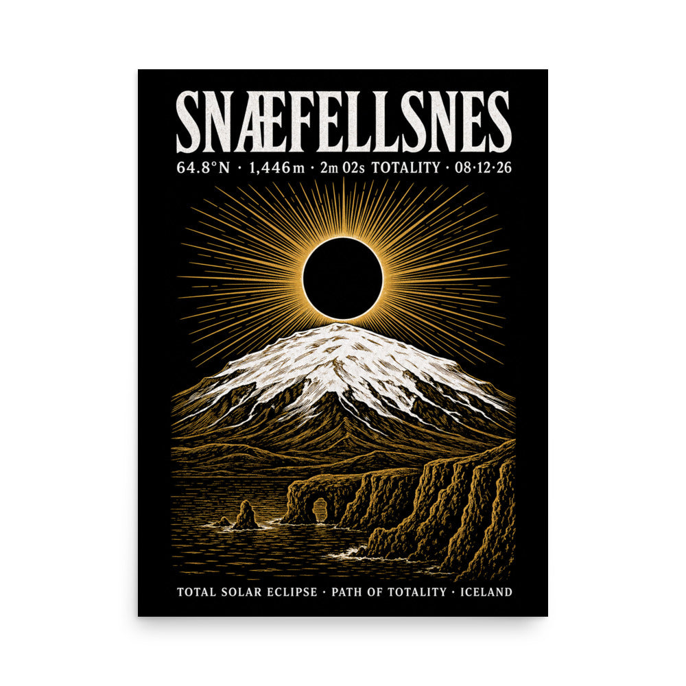 Snæfellsnes eclipse 2026 poster — woodcut-style art print on wall, showing Snæfellsjökull volcano with solar eclipse corona
