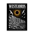 Westfjords eclipse 2026 poster — woodcut-style art print showing Látrabjarg sea cliffs with solar eclipse corona