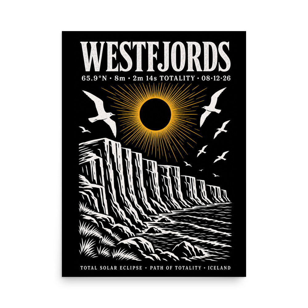 Westfjords eclipse 2026 poster — woodcut-style art print showing Látrabjarg sea cliffs with solar eclipse corona