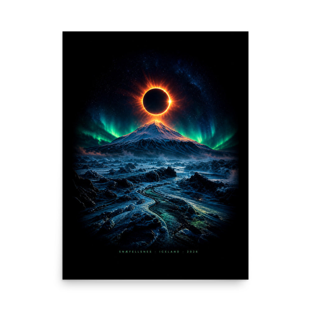 Snæfellsnes eclipse 2026 cinematic poster — photorealistic art print showing Snæfellsjökull volcano with solar eclipse corona