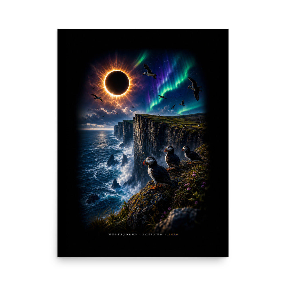 Westfjords eclipse 2026 cinematic poster — photorealistic art print showing Látrabjarg sea cliffs with solar eclipse corona