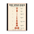 18×24 space race poster — vintage rust-red spacecraft silhouettes on cream, Cold War timeline from Sputnik 1 to Salyut 1