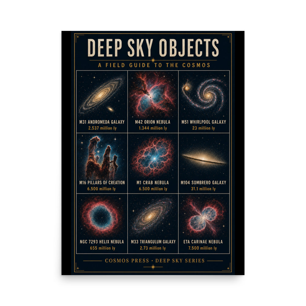 18×24 astronomy poster — 9-panel grid of deep sky objects including Andromeda Galaxy, Orion Nebula, Pillars of Creation, printed in vintage NASA style