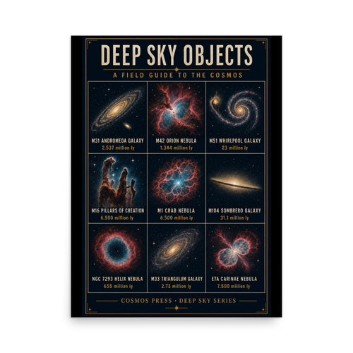 18×24 astronomy poster — 9-panel grid of deep sky objects including Andromeda Galaxy, Orion Nebula, Pillars of Creation, printed in vintage NASA style