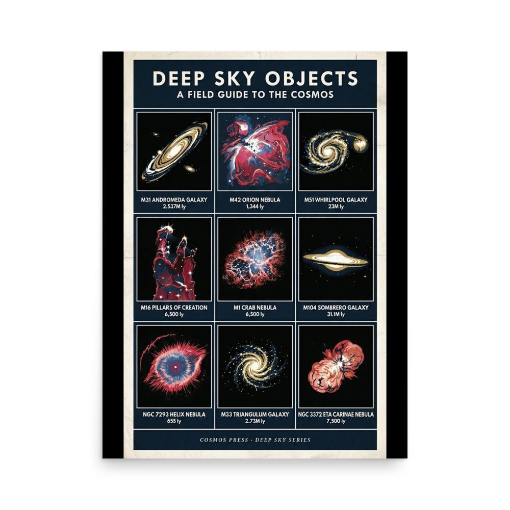 18×24 astronomy poster — 9-panel grid of deep sky objects including Andromeda Galaxy, Orion Nebula, Pillars of Creation, printed in vintage NASA style