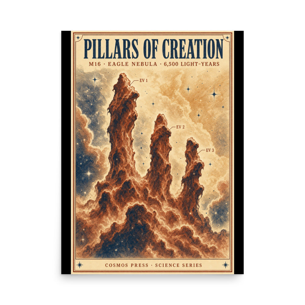 18×24 Pillars of Creation poster — vintage science chart of the Eagle Nebula M16, three iconic gas pillars in rust and cream on parchment background
