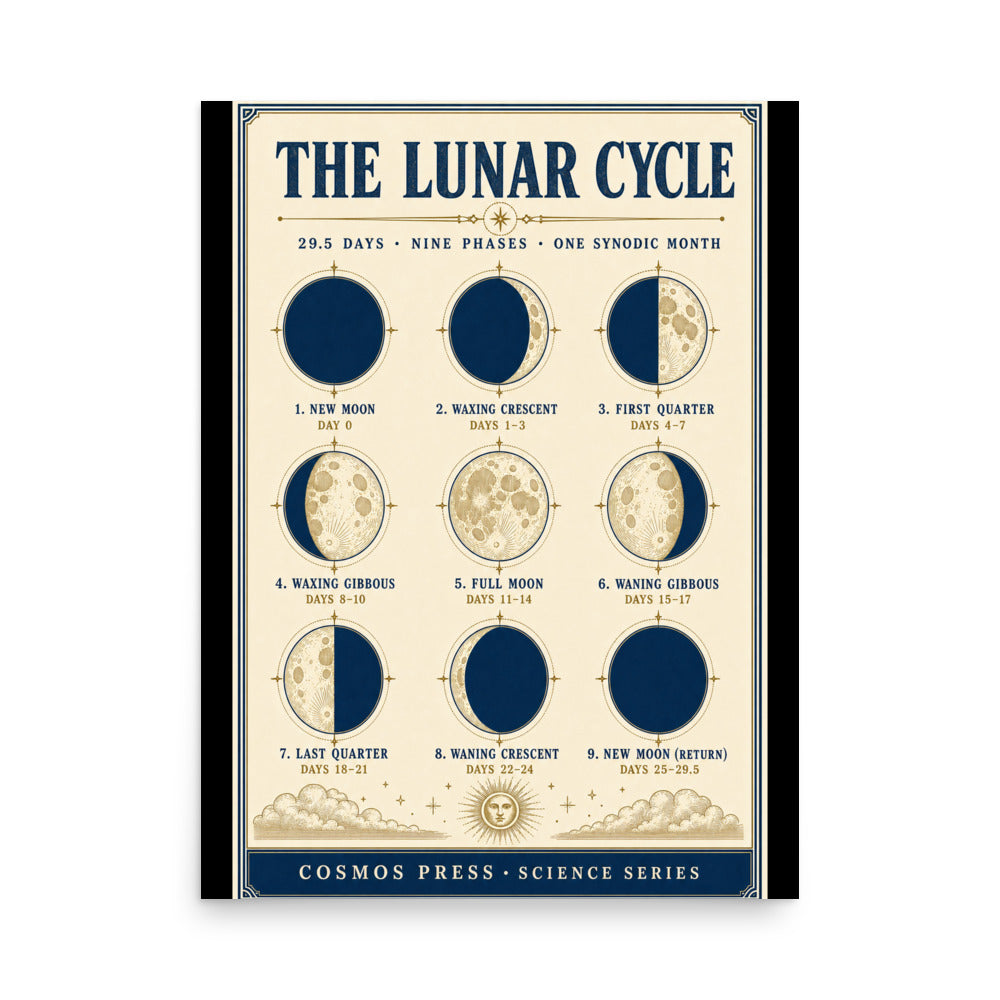 18×24 moon phases poster — vintage science chart showing all 9 lunar phases in navy and cream on off-white background