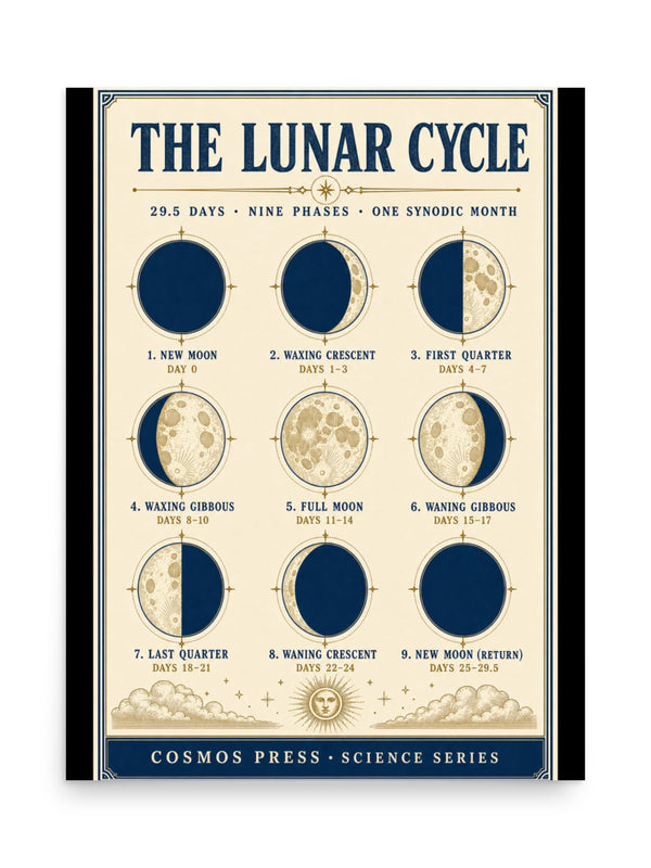 18×24 moon phases poster — vintage science chart showing all 9 lunar phases in navy and cream on off-white background
