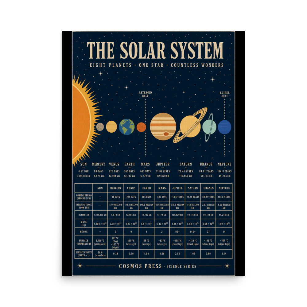 18×24 solar system poster — vintage NASA-style chart showing all 8 planets in correct order on a deep navy background