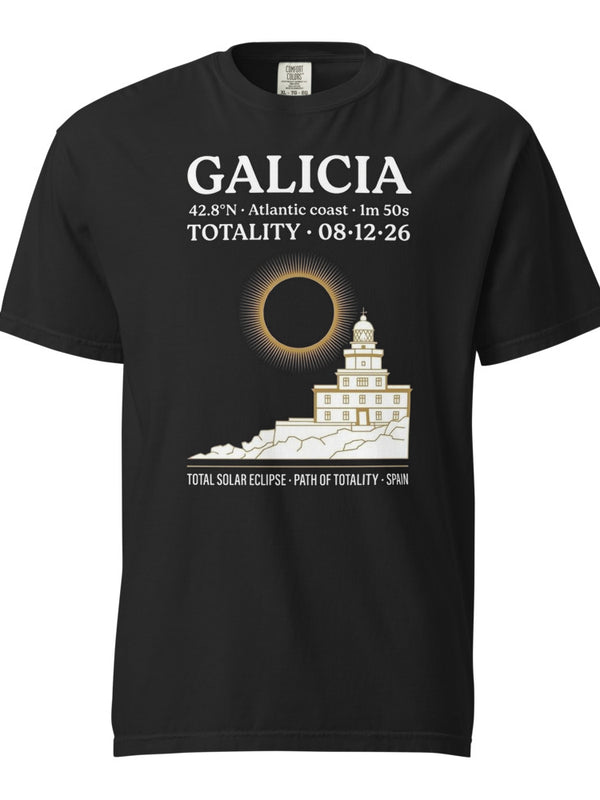 Galicia Eclipse 2026 tee on Comfort Colors black — enlarged chest print