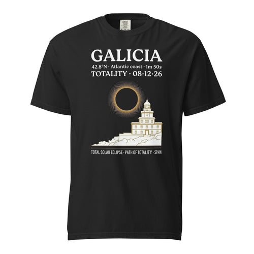 Galicia Eclipse 2026 tee on Comfort Colors black — enlarged chest print