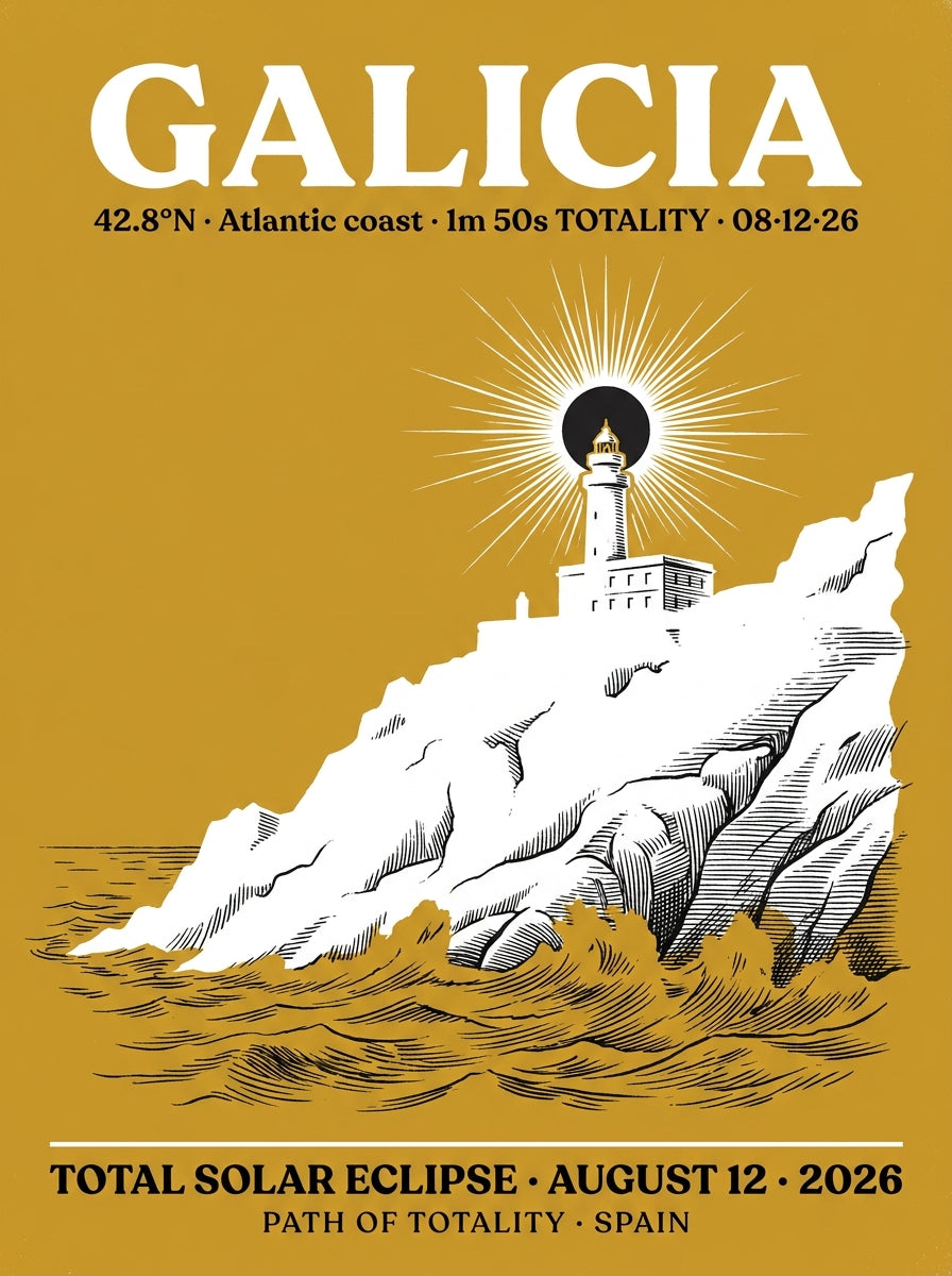 Galicia Eclipse 2026 art print design — WPA-style gold poster with white Faro de Fisterra lighthouse, black eclipse disc with corona, bold serif GALICIA headline, August 12 2026 footer