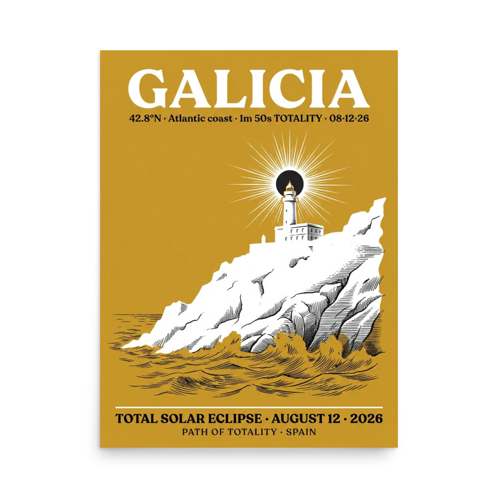 Framed Galicia Eclipse 2026 poster hanging on a white wall — warm gold background with Faro de Fisterra lighthouse silhouette and solar corona, 18x24 inches