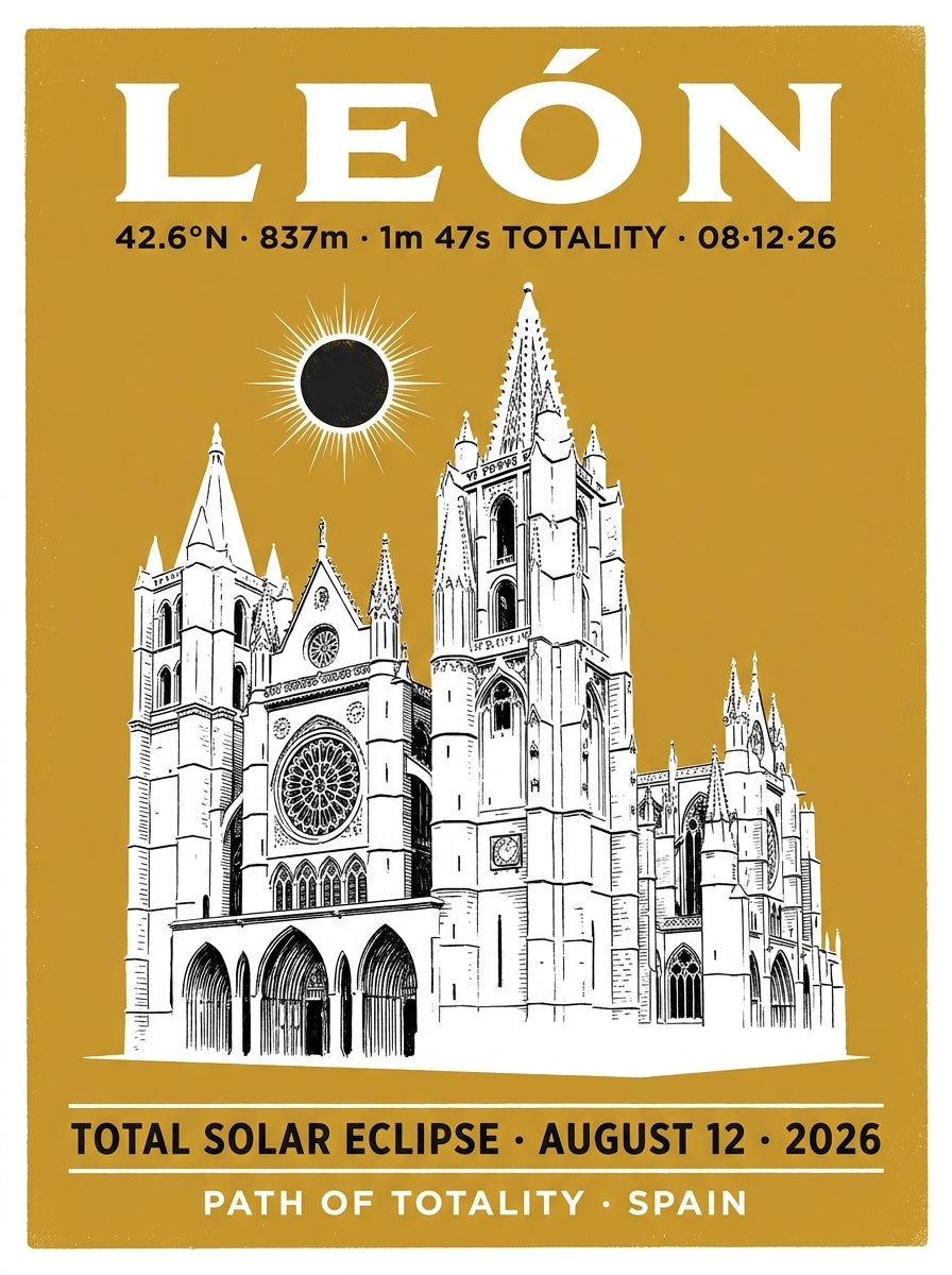 León Eclipse 2026 Poster design — vertical 18x24 art print with full-bleed gold background, white Catedral de León silhouette, eclipse disc, bold serif LEÓN headline, coordinates, and Total Solar Eclipse August 12 2026 Path of Totality Spain footer