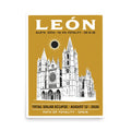 Framed 18x24 León Eclipse 2026 Poster hanging on a wall — warm gold background, white silhouette of the Catedral de León with Gothic spires and rose window, black eclipse disc with white corona, WPA vintage style
