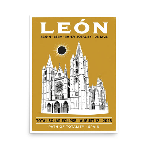Framed 18x24 León Eclipse 2026 Poster hanging on a wall — warm gold background, white silhouette of the Catedral de León with Gothic spires and rose window, black eclipse disc with white corona, WPA vintage style