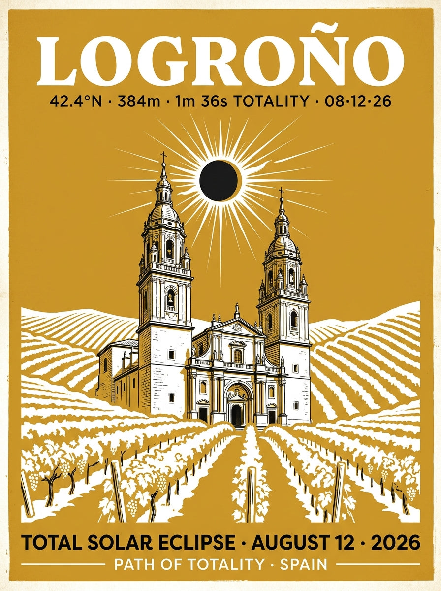 Flat lay of the Logroño Eclipse 2026 art print on Enhanced Matte Paper — vintage WPA design with bold serif LOGROÑO headline, twin baroque cathedral towers, vineyard rows, and August 12 2026 eclipse footer