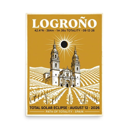 Framed 18x24 Logroño Eclipse 2026 poster hanging on a white wall, showing warm gold WPA-style design with the Concatedral de Santa María de la Redonda and Rioja vineyard silhouettes beneath a total solar eclipse corona