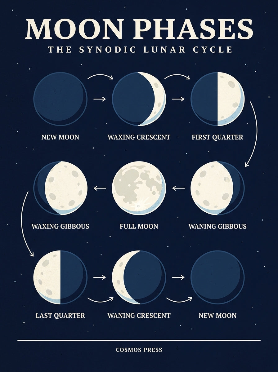 Flat illustration moon phases chart — nine phases of the 29.5-day synodic cycle in bold flat color on deep navy, each phase labeled in caps serif, white star dots throughout