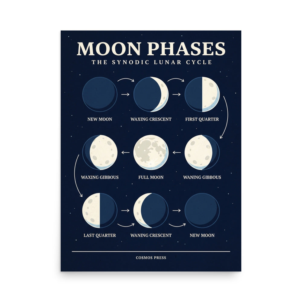 Moon phases poster in a dark-walled gallery setting, 18x24 inches, showing nine lunar cycle phases in a 3x3 grid on midnight navy background with star field