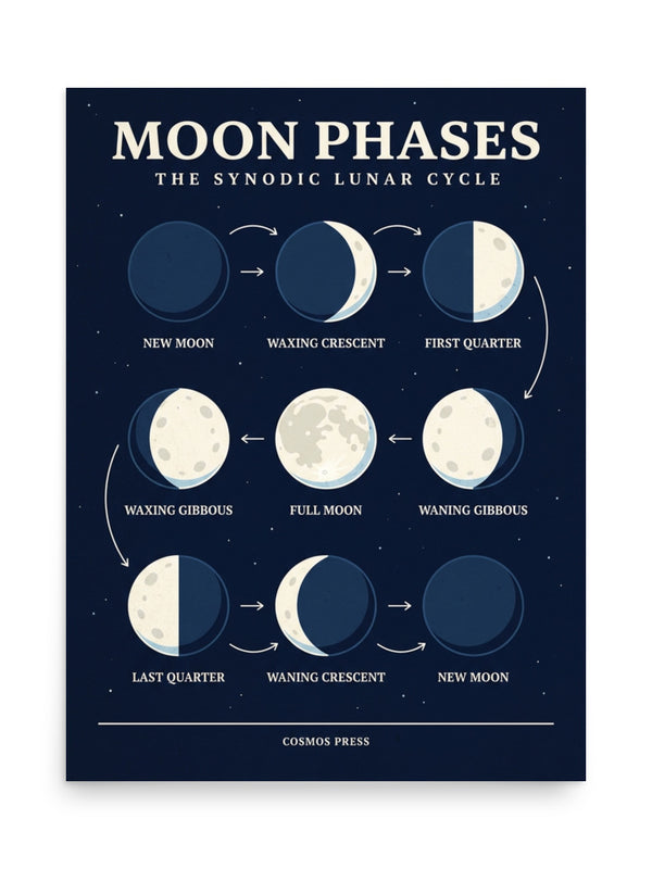 Moon phases poster in a dark-walled gallery setting, 18x24 inches, showing nine lunar cycle phases in a 3x3 grid on midnight navy background with star field