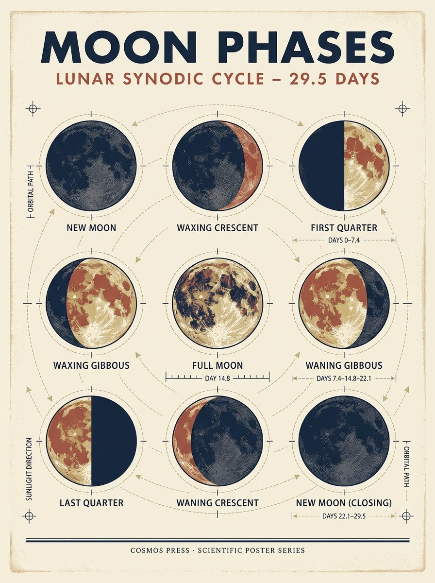 Vintage science chart illustration of the eight moon phases — New Moon through Waning Crescent — with engraved line work and caps serif labels on an off-white background