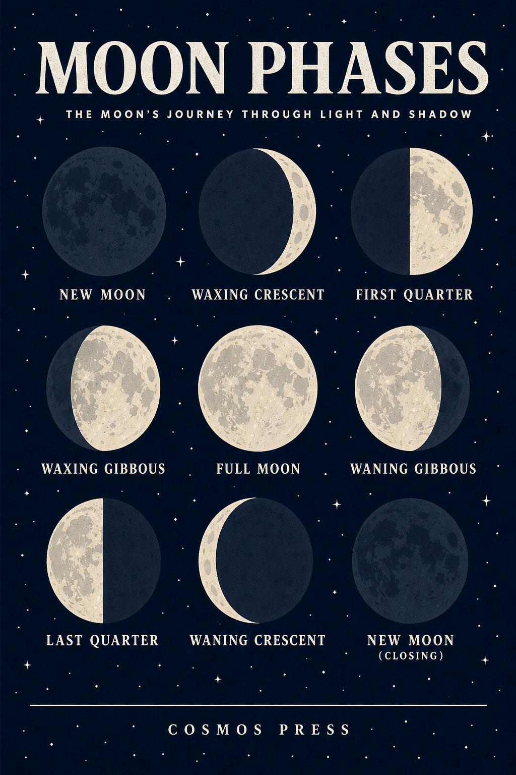 Moon phases poster flat illustration — nine phases of the synodic lunar cycle labeled in caps serif on deep navy, Kurzgesagt-style bold color blocking