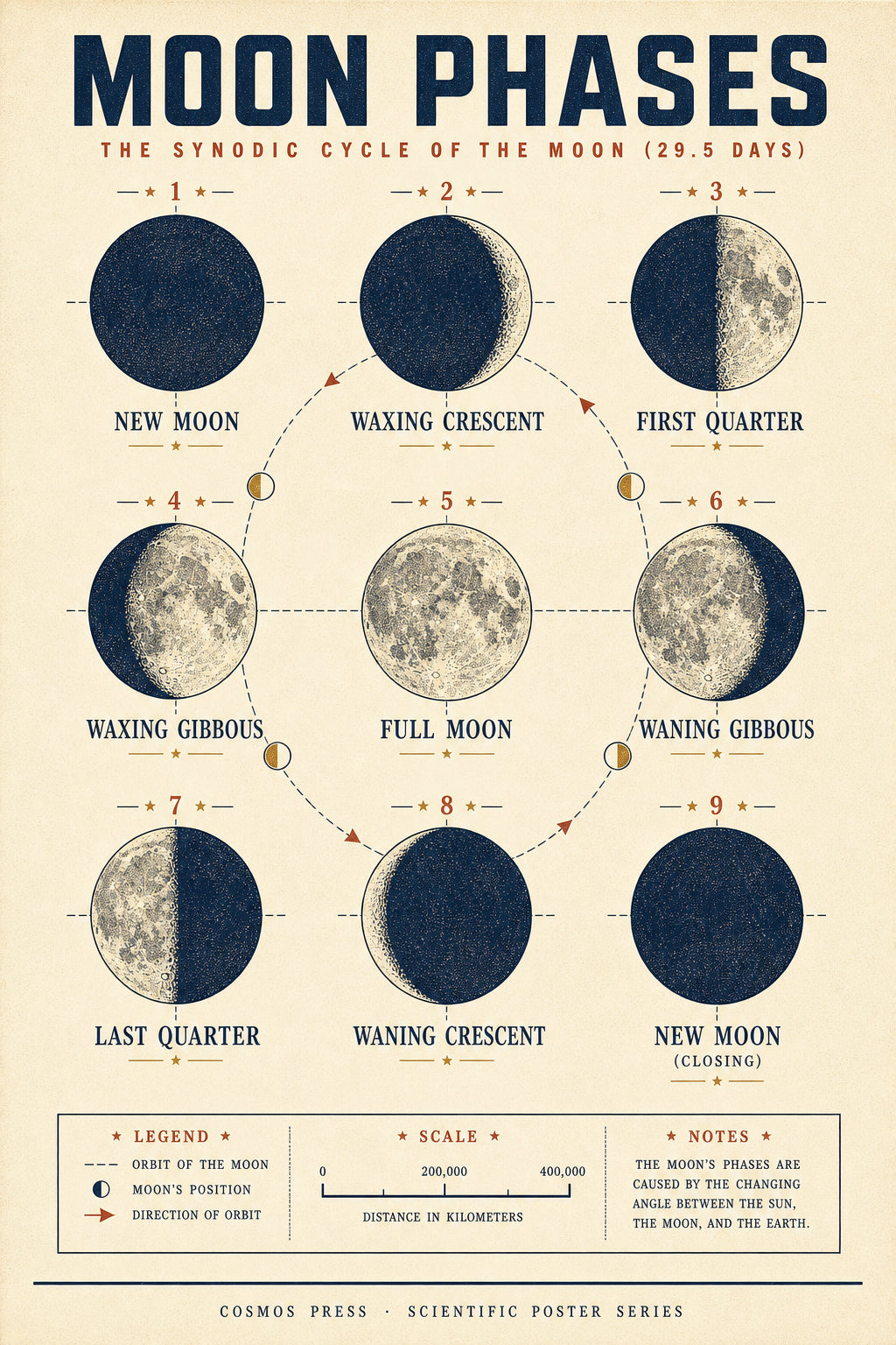 Cosmos Press moon phases poster flat lay — nine phases of the 29.5-day synodic cycle labeled in caps serif type, fine engraved line work, cream, navy, rust, and muted gold palette, vintage observatory chart aesthetic
