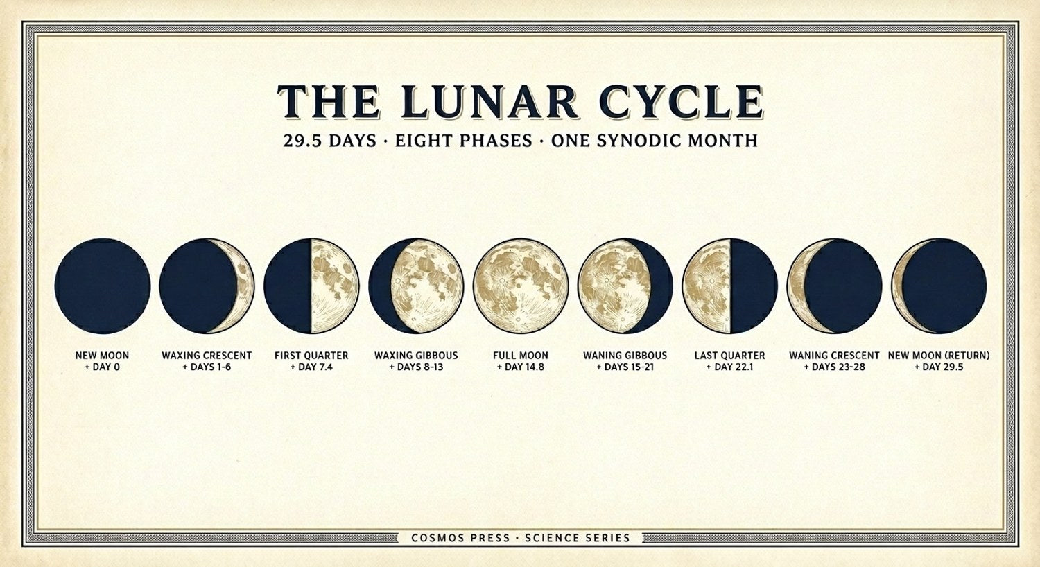 Close-up of moon phases poster — accurate shadow rendering for New Moon, Waxing Crescent, First Quarter, Full Moon, and all remaining phases, labeled in serif type