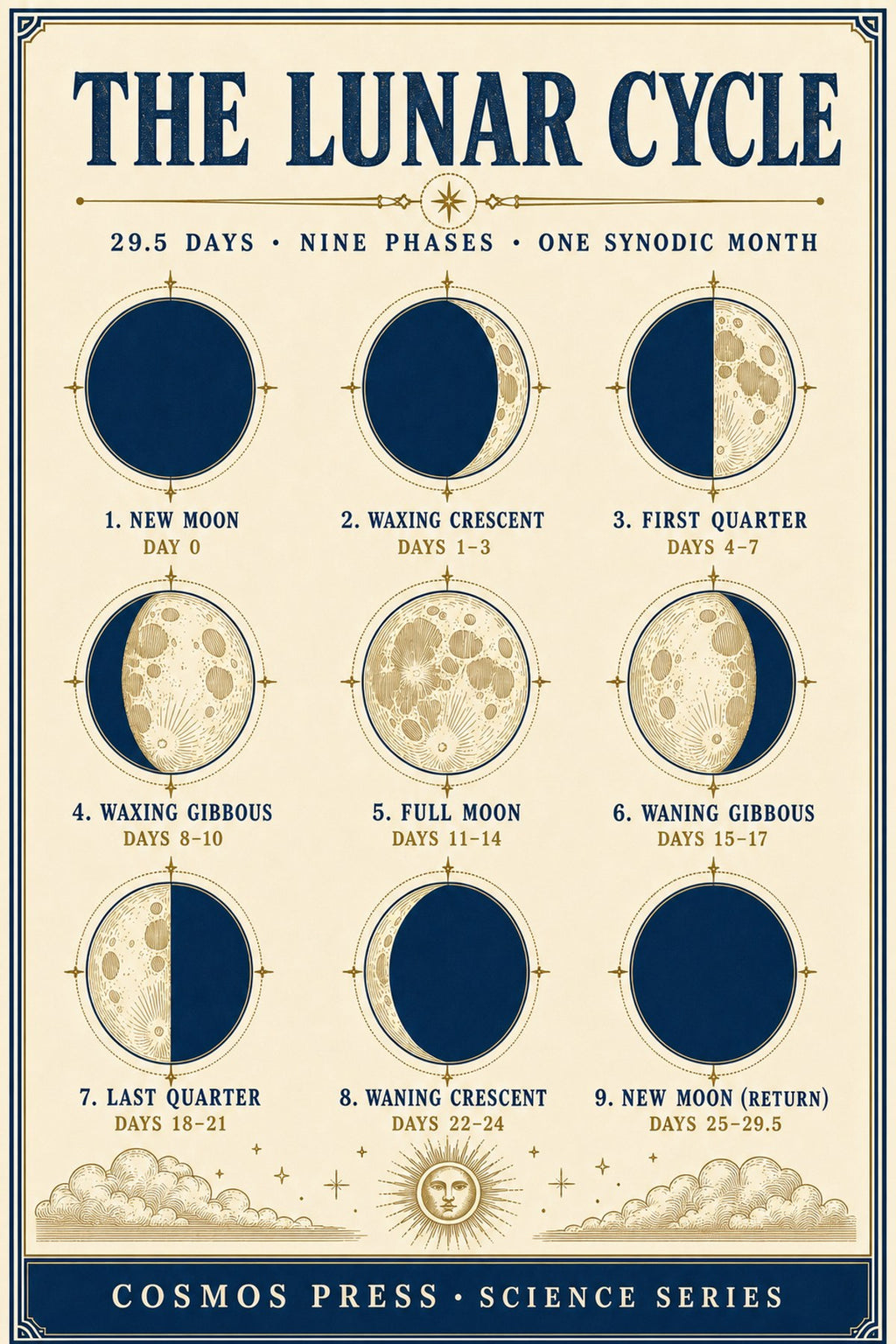 Close-up of moon phases poster — accurate shadow rendering for New Moon, Waxing Crescent, First Quarter, Full Moon, and all remaining phases, labeled in serif type
