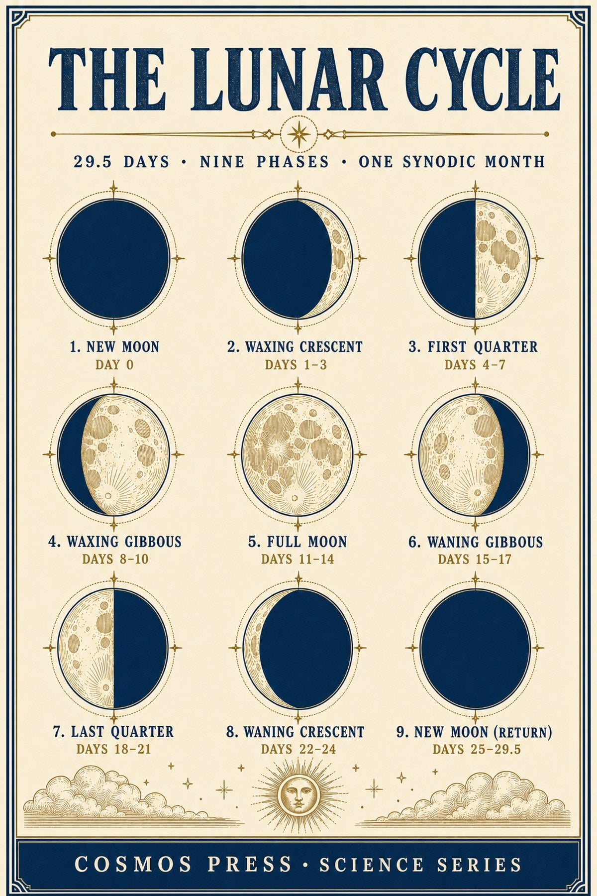 Close-up of moon phases poster — accurate shadow rendering for New Moon, Waxing Crescent, First Quarter, Full Moon, and all remaining phases, labeled in serif type