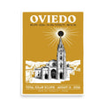 Framed 18x24 Oviedo Eclipse 2026 poster hanging on a wall, showing a warm gold WPA-style art print with the Catedral de San Salvador silhouette and solar corona