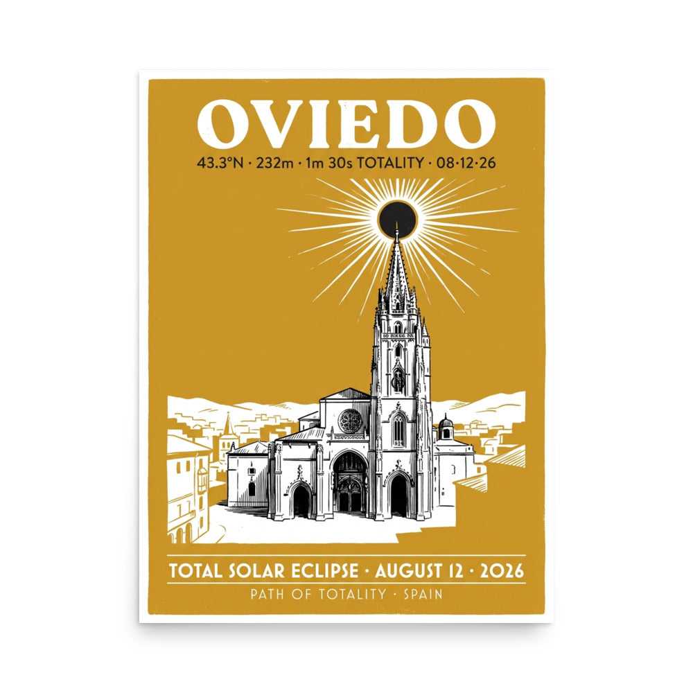 Framed 18x24 Oviedo Eclipse 2026 poster hanging on a wall, showing a warm gold WPA-style art print with the Catedral de San Salvador silhouette and solar corona