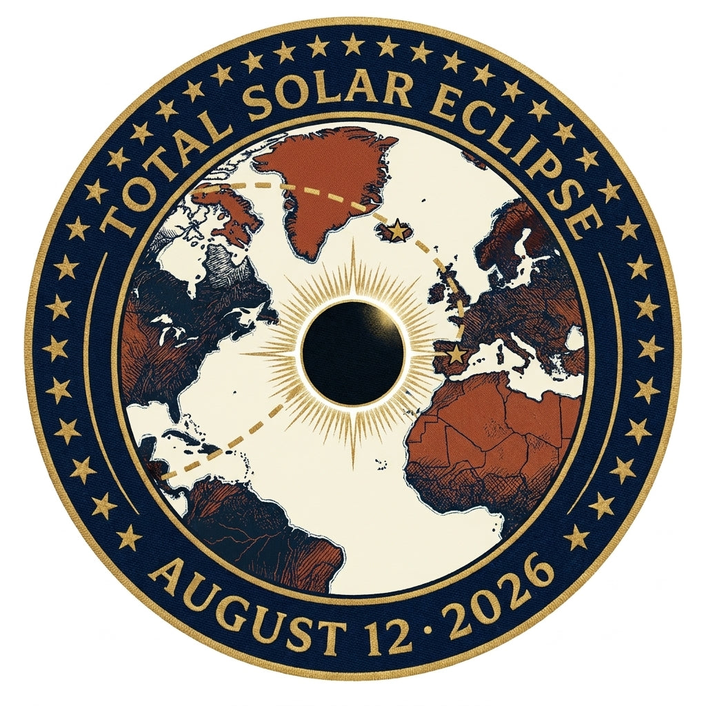Vintage NASA mission-patch style circular badge design for August 12 2026 total solar eclipse — cream interior, deep navy ring, gold star border, stylized world map with totality path from Greenland to Iceland to Spain, black eclipse disc with white corona, arc text reading TOTAL SOLAR ECLIPSE and AUGUST 12 · 2026
