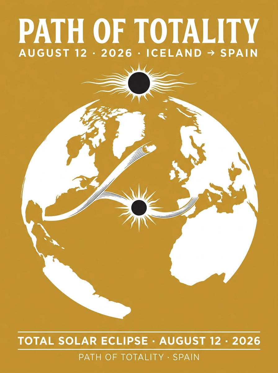 Flat design of the 2026 total solar eclipse poster — full-bleed gold field, stylized world map showing eclipse path from Greenland through Iceland to northern Spain, black disc with white corona at mid-Atlantic, coordinate stack and Spain footer