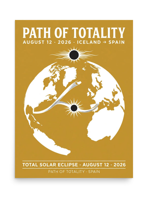Framed 18x24 Path of Totality poster hanging on a wall, warm gold background with white world map silhouette and black eclipse disc, bold serif headline reading PATH OF TOTALITY, August 12 2026