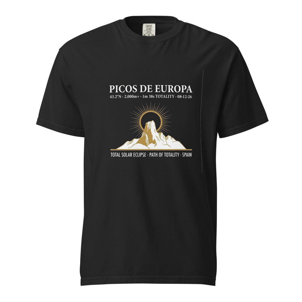 Picos de Europa Eclipse 2026 tee on Comfort Colors black — enlarged chest print