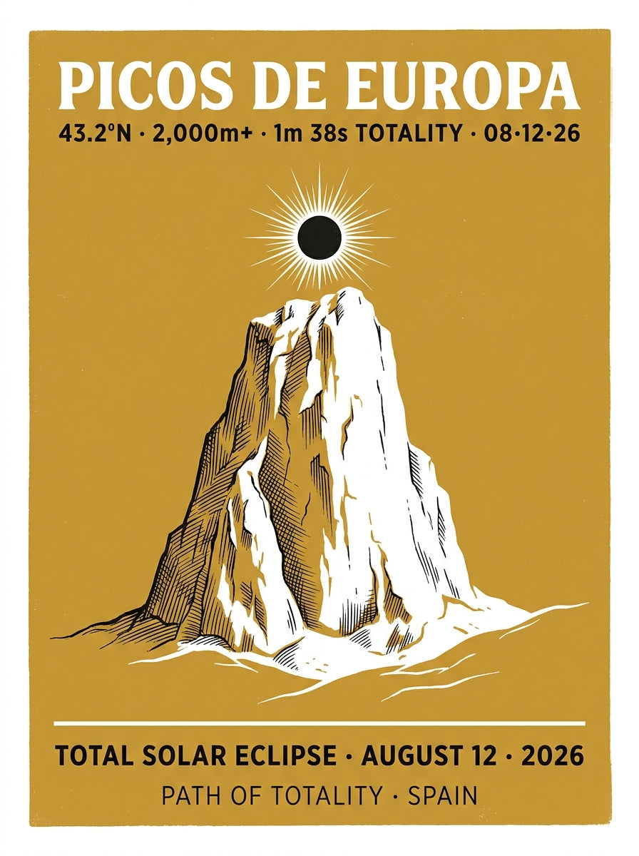 Picos de Europa Eclipse 2026 art print design — vintage WPA-style poster with white Naranjo de Bulnes spire silhouette, black eclipse disc with white corona, bold serif headline, and August 12 2026 Path of Totality Spain footer on warm gold background