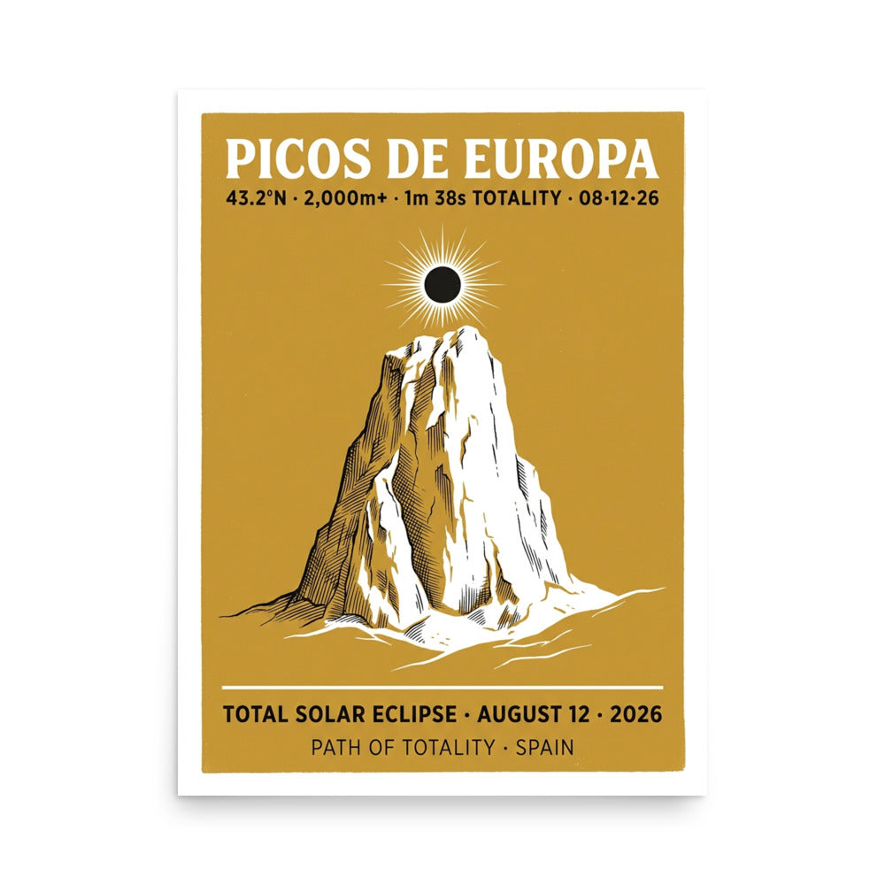 Framed 18x24 Picos de Europa Eclipse 2026 Poster hanging on a wall, showing the Naranjo de Bulnes limestone spire in white silhouette against a warm gold background with a total solar eclipse corona above the peak