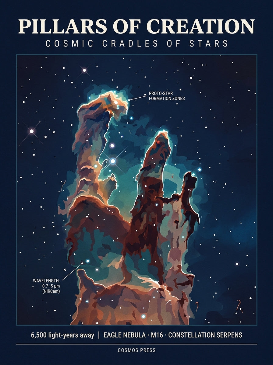 Flat illustration of the Pillars of Creation in the Eagle Nebula — three stylized gas pillars in teal and rust on a deep dark background with labeled proto-star zones and distance annotation, Cosmos Press Dark Edition