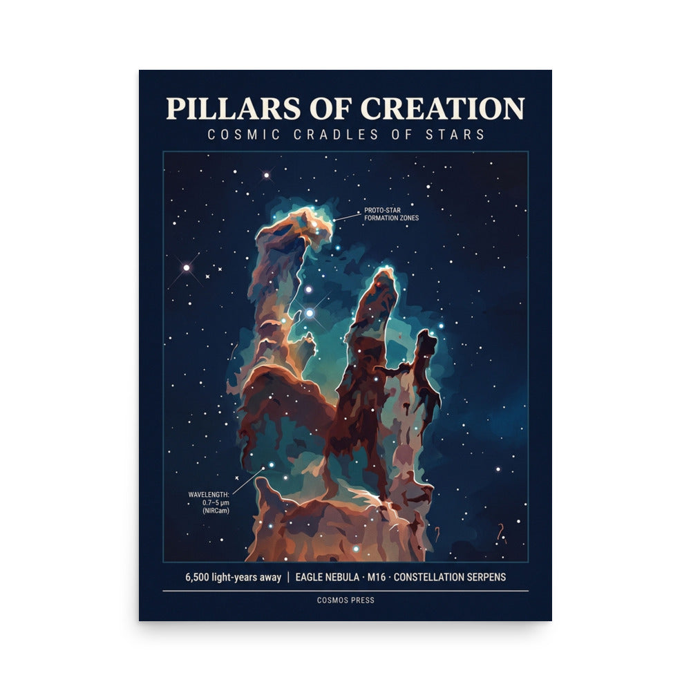 Framed Pillars of Creation poster in dark flat illustration style, teal and rust palette, hanging on a wall — Cosmos Press 18x24 science art print