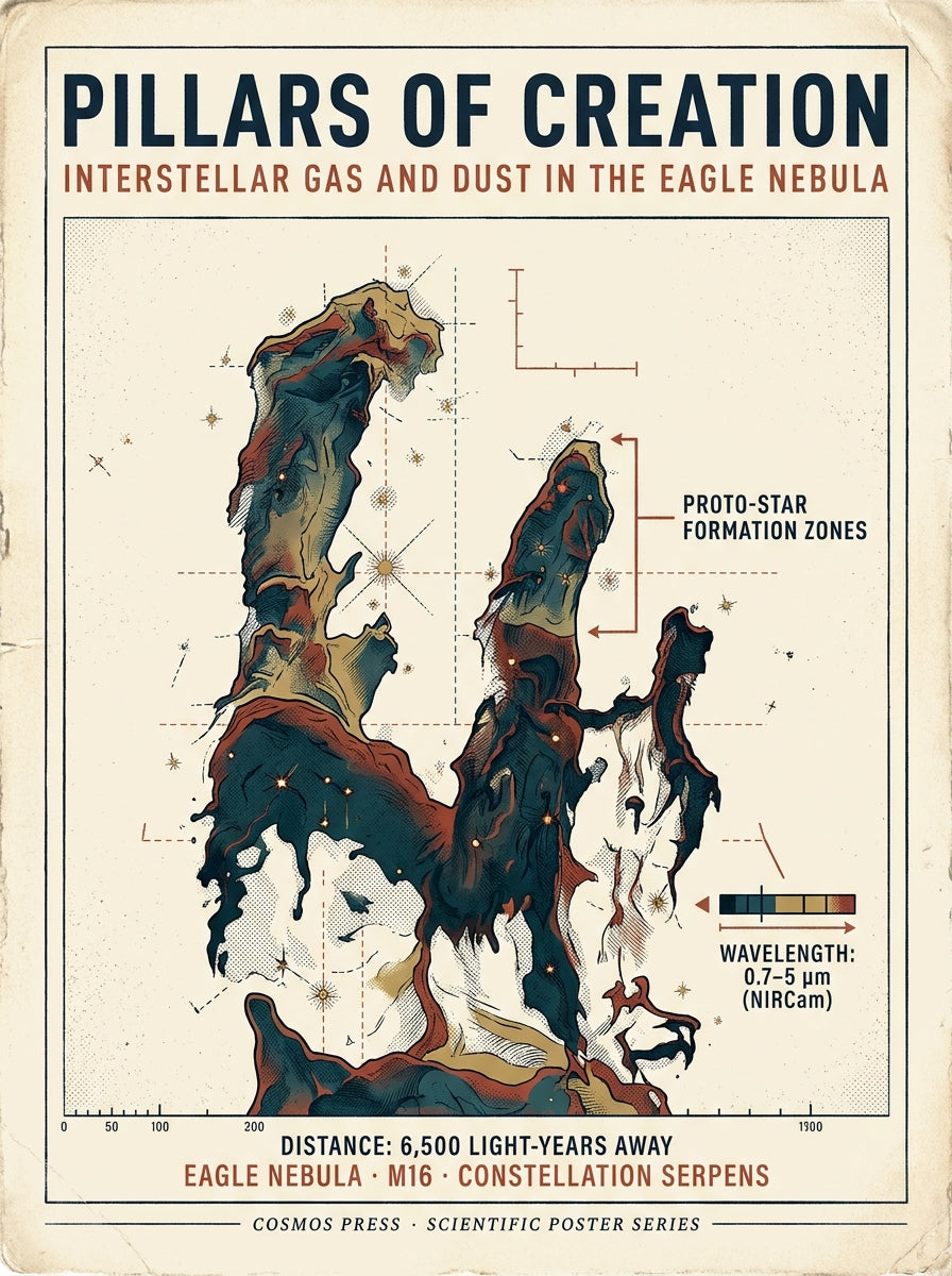 Flat lay of the Pillars of Creation Vintage Science Chart poster design — detailed engraved-style illustration of the three M16 Eagle Nebula pillars with labeled proto-star zones, distance annotation, and JWST NIRCam wavelength callout on cream paper background