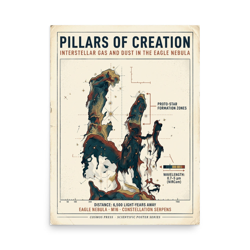 Pillars of Creation poster in vintage science chart style shown in a modern home office frame — cream background with navy, rust, and gold engraved illustration of the Eagle Nebula gas columns, 18x24 inches