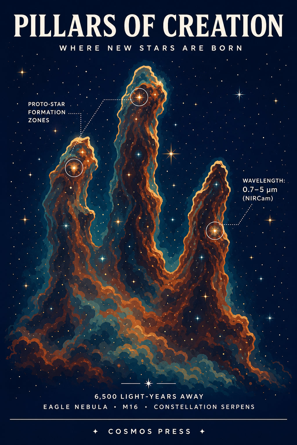 Close-up of Dark Edition II flat illustration design showing stylised teal pillar tips and rust mid-tones against a dark navy void with subtle star field