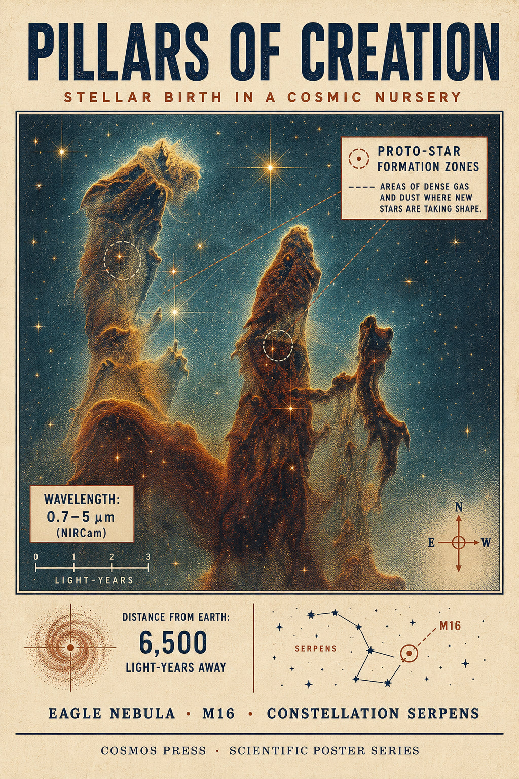 Close-up detail of the Cosmos Press Pillars of Creation vintage chart poster showing serif typography, scale bar annotations, and pillar linework in navy ink on cream paper